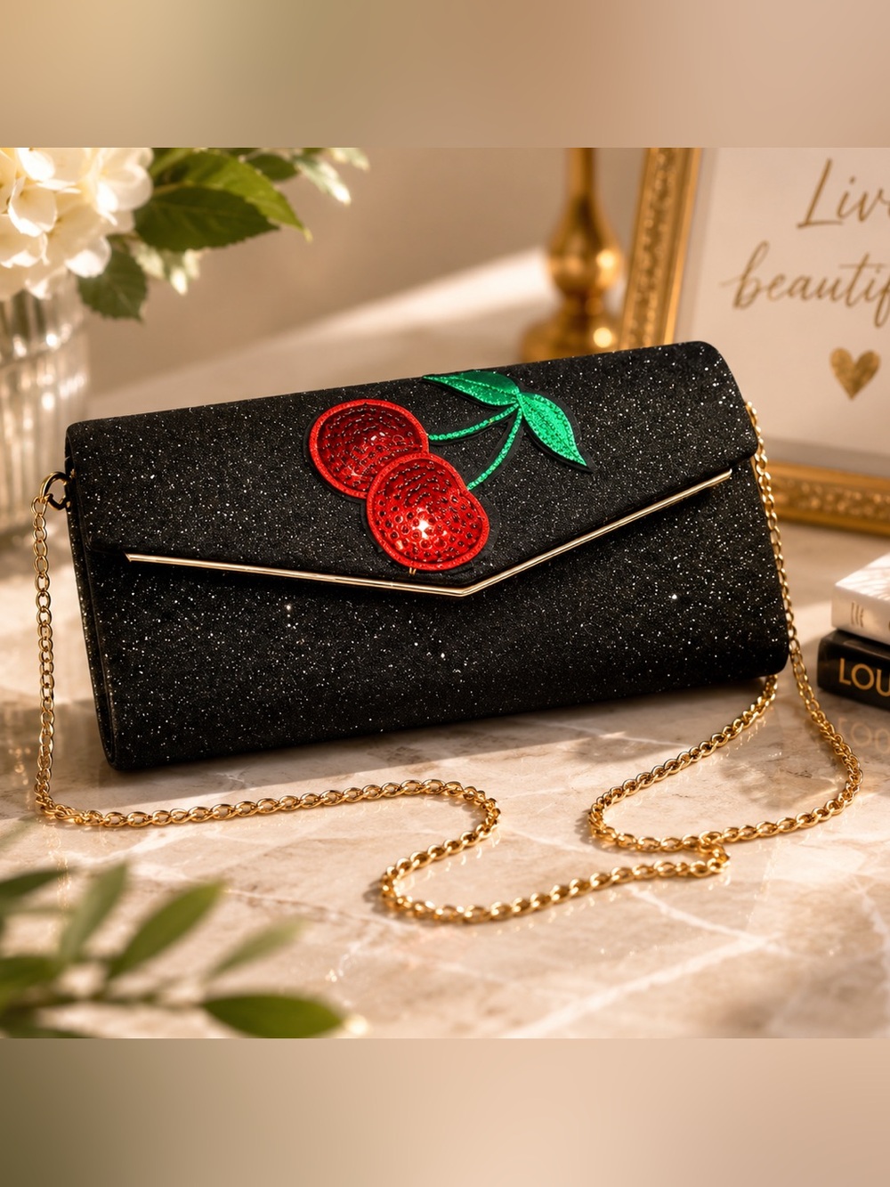 Cherry Sparkle Evening Clutch Black Glitter Crossbody Purse Gold Chain